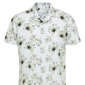Selected Homme White With Green Leaf Print Linen Blend Camp Collar Short Sleeve